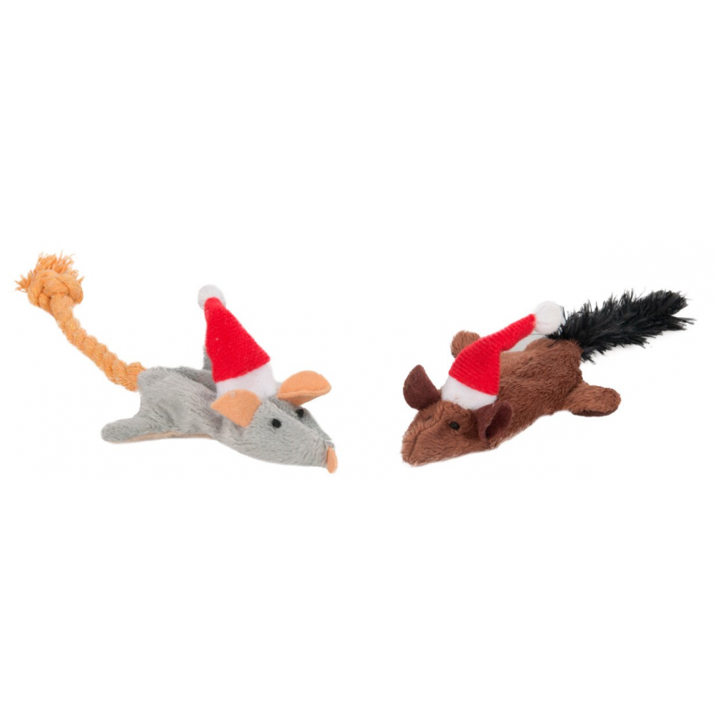 Flamingo Vianočná myš plyšová s catnipom pre mačky 2ks