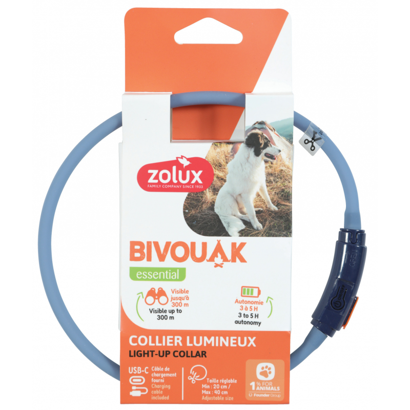 Obojok LED malý BIVOUAK 20-40cm USB modrá Zolux
