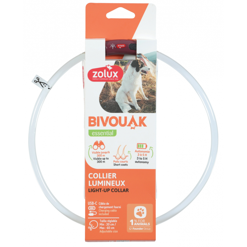 Obojok LED transparent BIVOUAK 30-60cm USB červ. Zolux