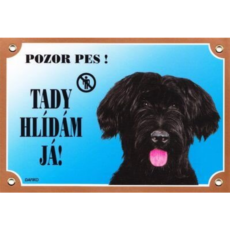 Farebná ceduľka Pozor pes, Briard čierny (text v ČJ)