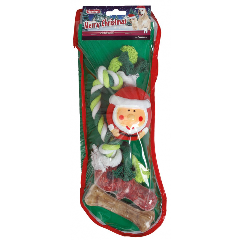 Flamingo Vianočná ponožka pre psov - set hračky s maškrtami