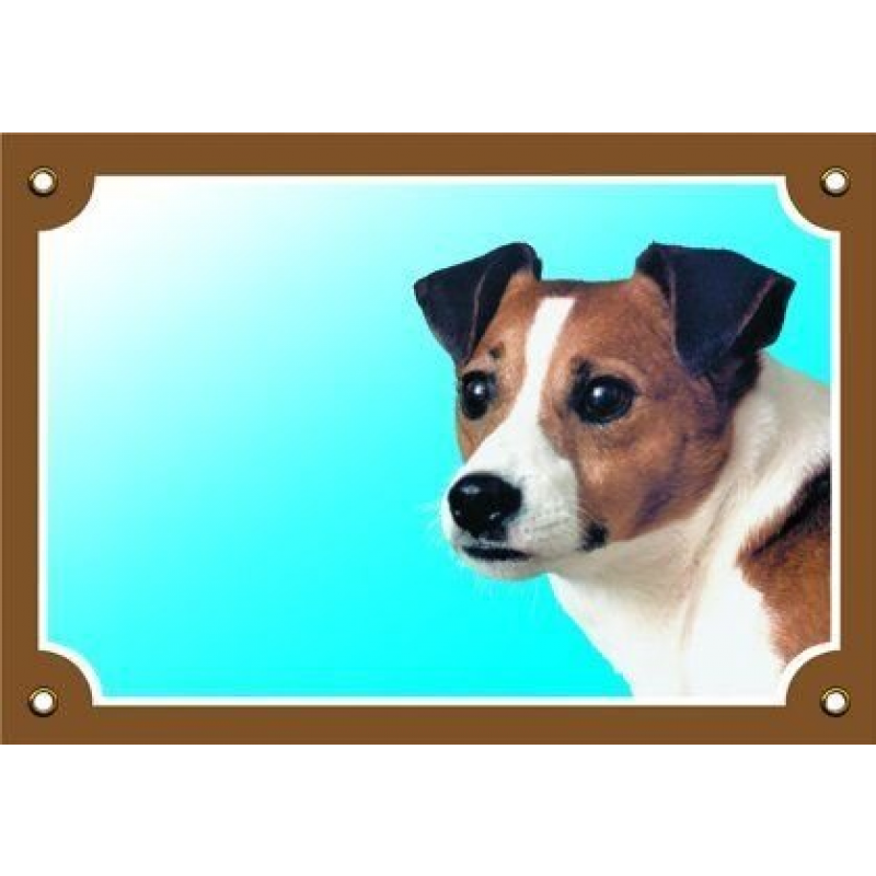 Farebná ceduľka Pozor pes, Jack Russel teriér (text v ČJ)