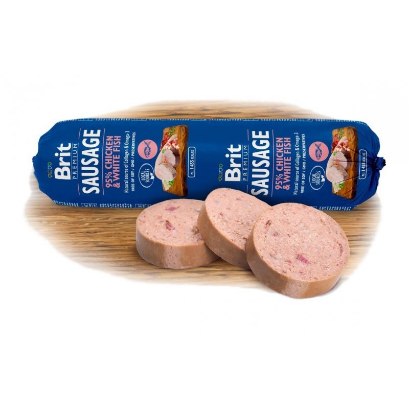 Brit Sausage Chicken & White Fish 800g (min. odběr 24 ks)