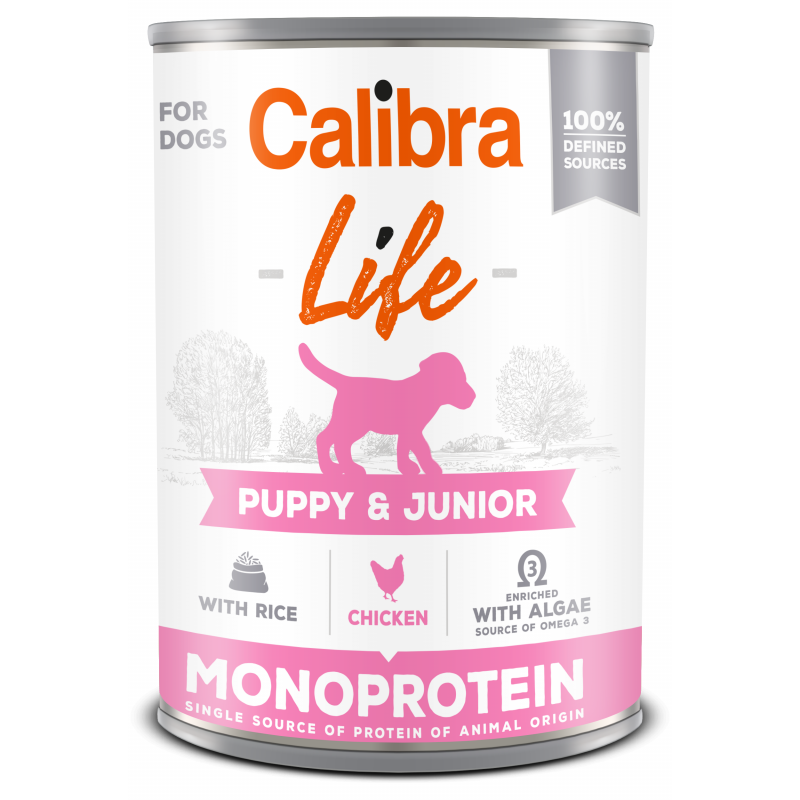 Calibra Dog Life konz. Puppy & Junior Chicken & Chicken hearts with rice 400 g (