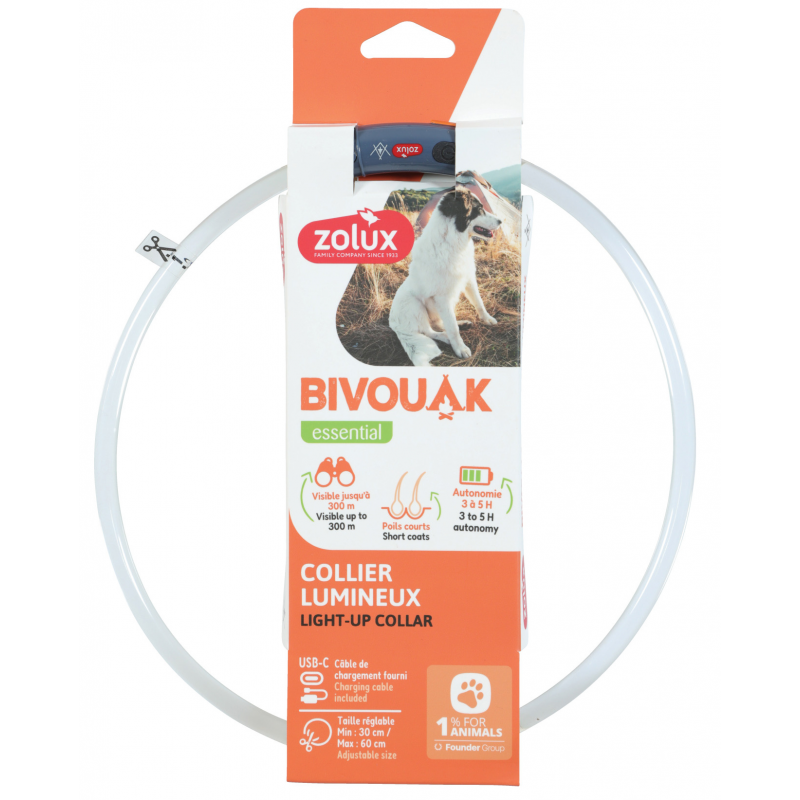 Obojok LED transparent BIVOUAK 30-60cm USB modrá Zolux