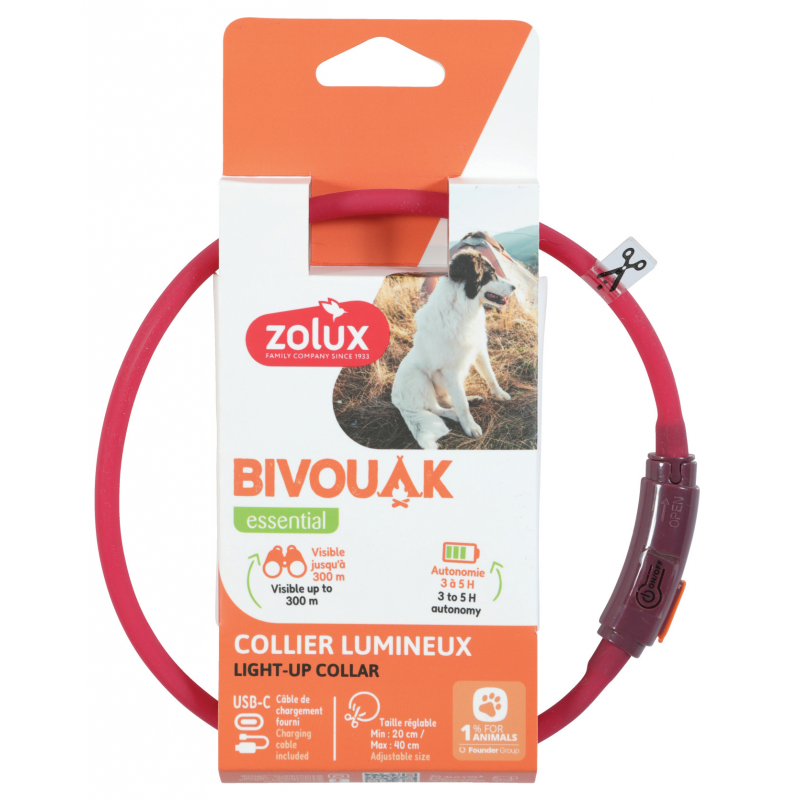 Obojek LED malý BIVOUAK 20-40cm USB červená Zolux