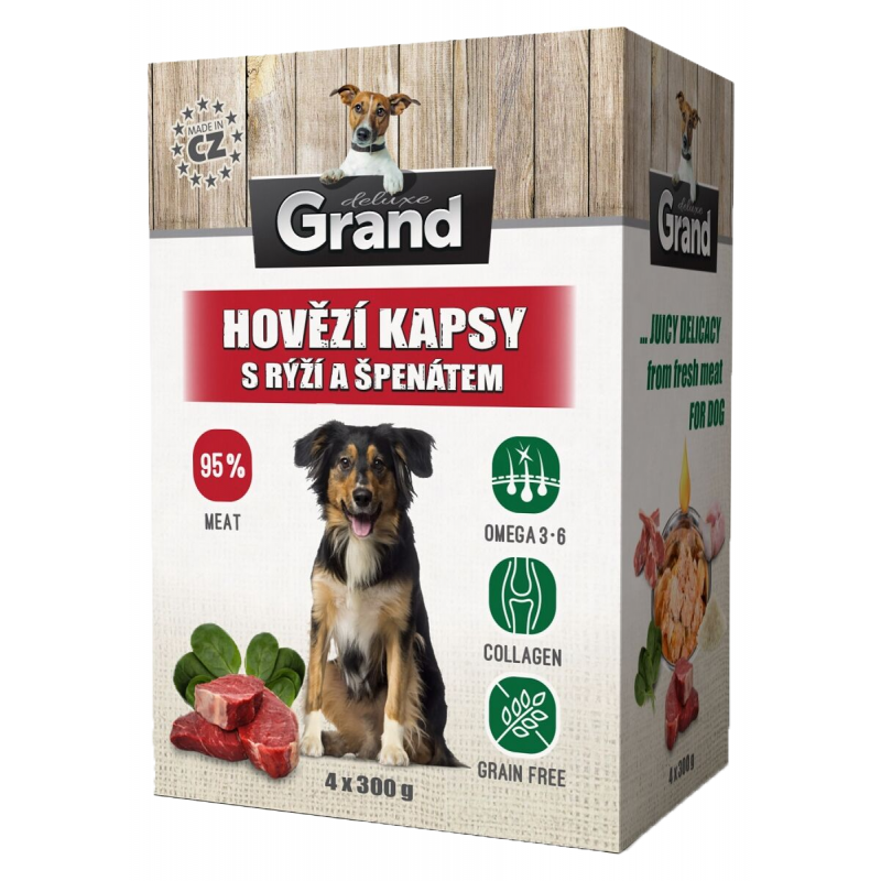 GRAND kaps. deluxe pes hovädzie s ryžou a špenát. 4x300g